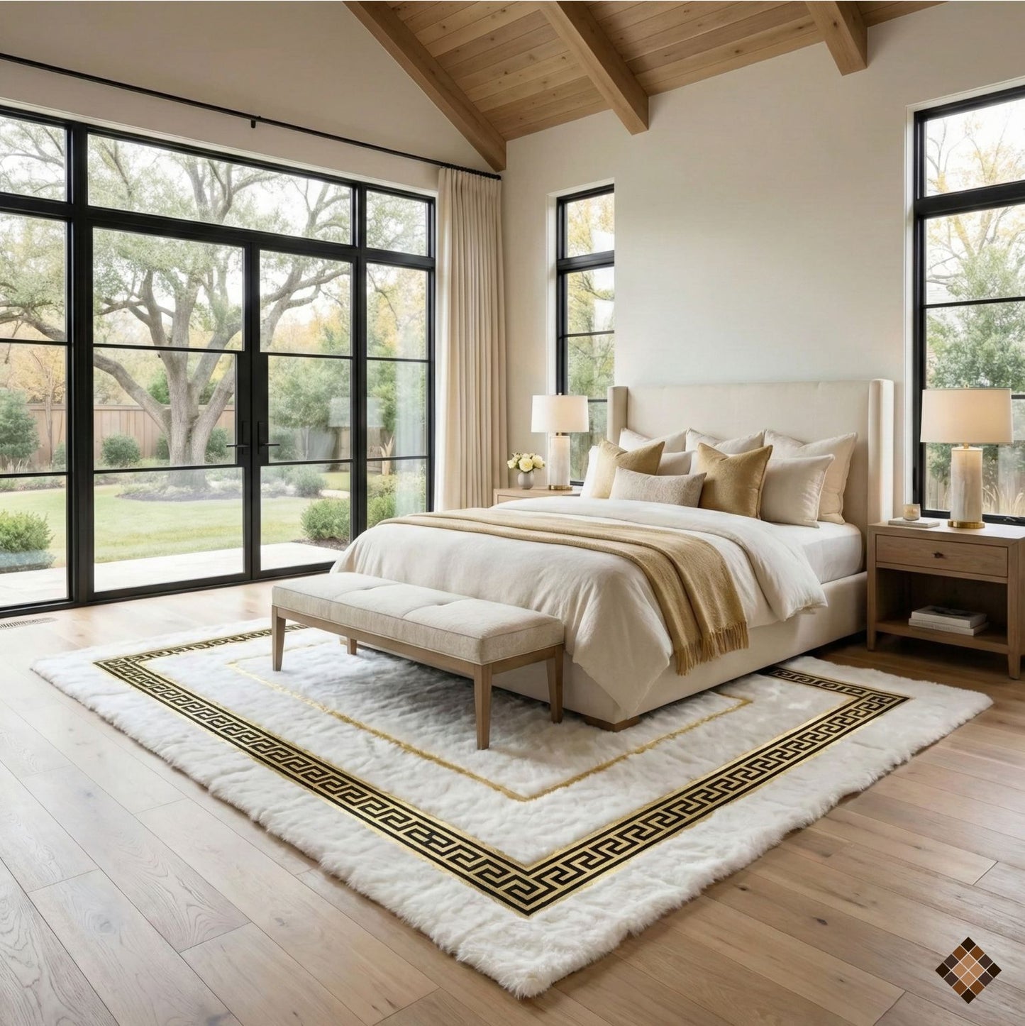Handmade White Rabbit Fur Area Rug with Gold Greek Key Border