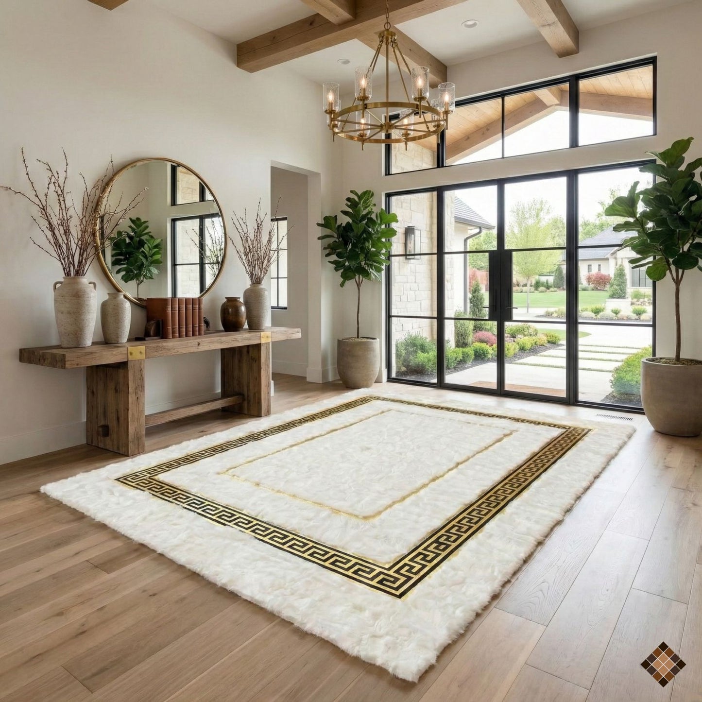 Handmade White Rabbit Fur Area Rug with Gold Greek Key Border