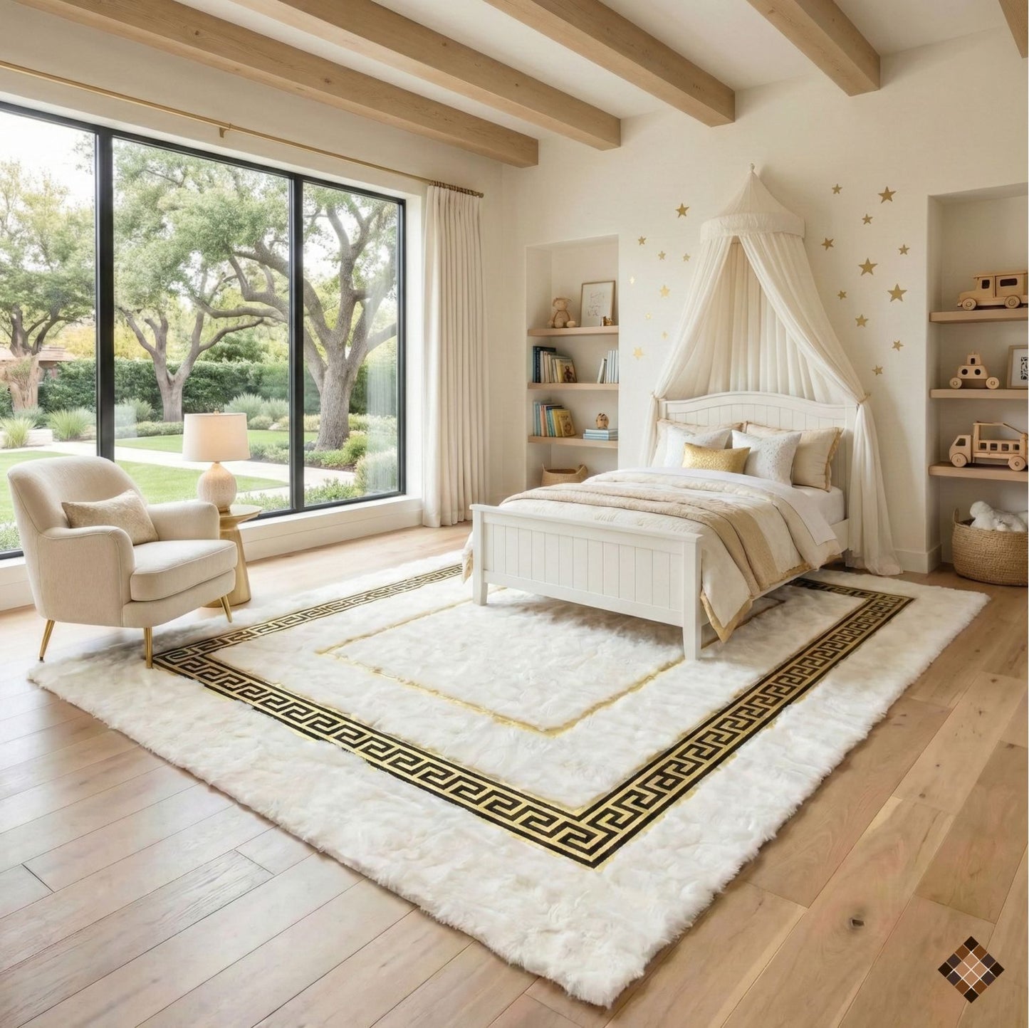 Handmade White Rabbit Fur Area Rug with Gold Greek Key Border