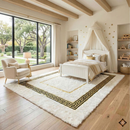 Handmade White Rabbit Fur Area Rug with Gold Greek Key Border
