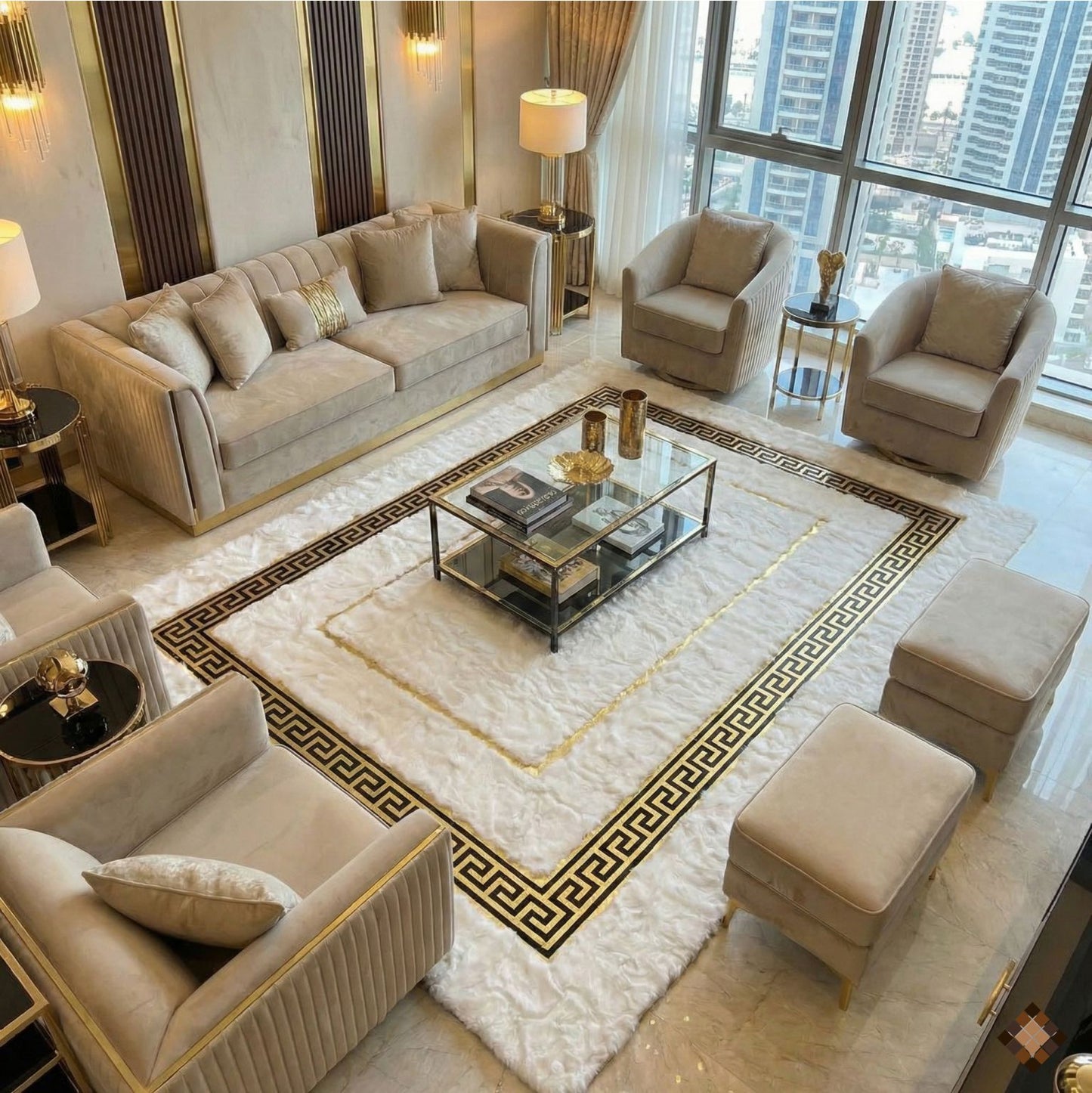 Handmade White Rabbit Fur Area Rug with Gold Greek Key Border