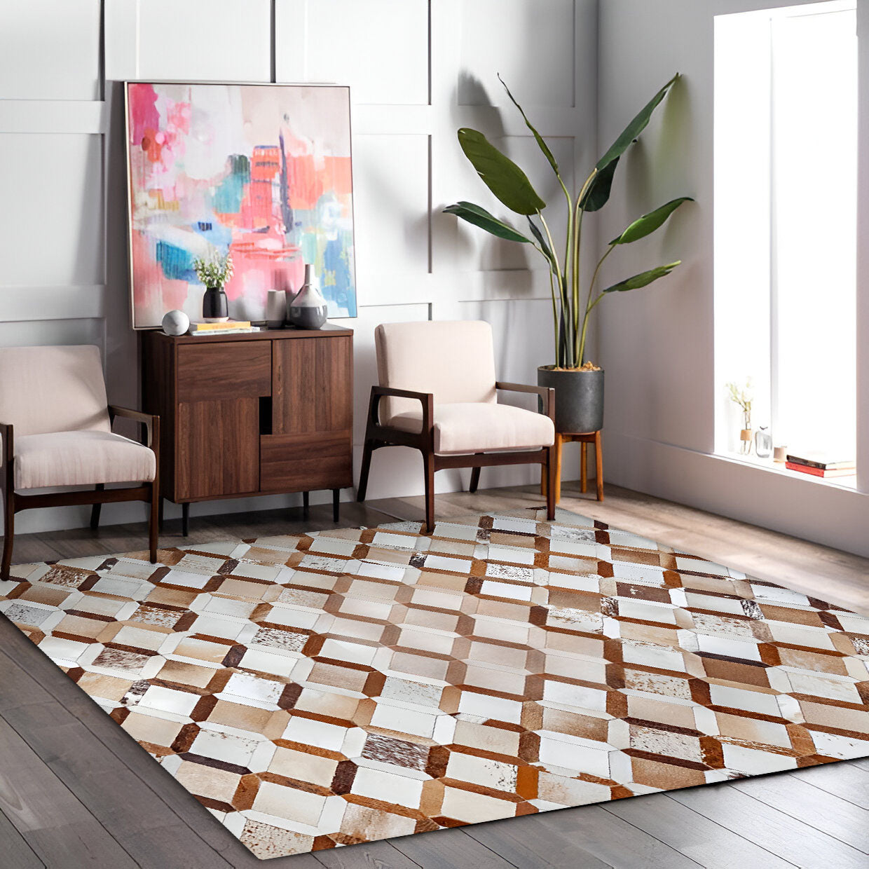 High Quality Cowhide Patchwork Rug for Living Room, Natural Handmade Area Rug