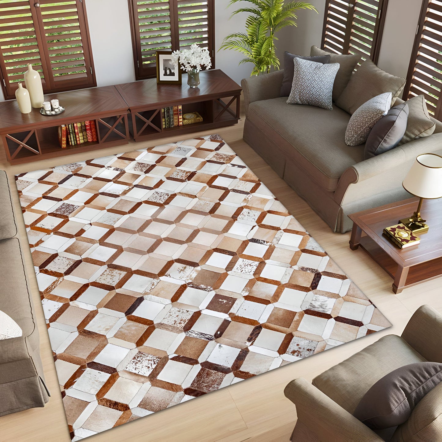 High Quality Cowhide Patchwork Rug for Living Room, Natural Handmade Area Rug