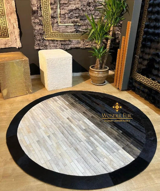 High Quality Cowhide Round Rug, 100% Genuine Leather Patchwork Area Rug, Luxury Decoration