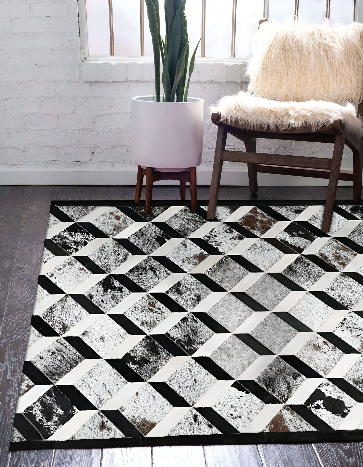 High Quality Geometric Pattern Natural Handmade Cowhide Area Rug