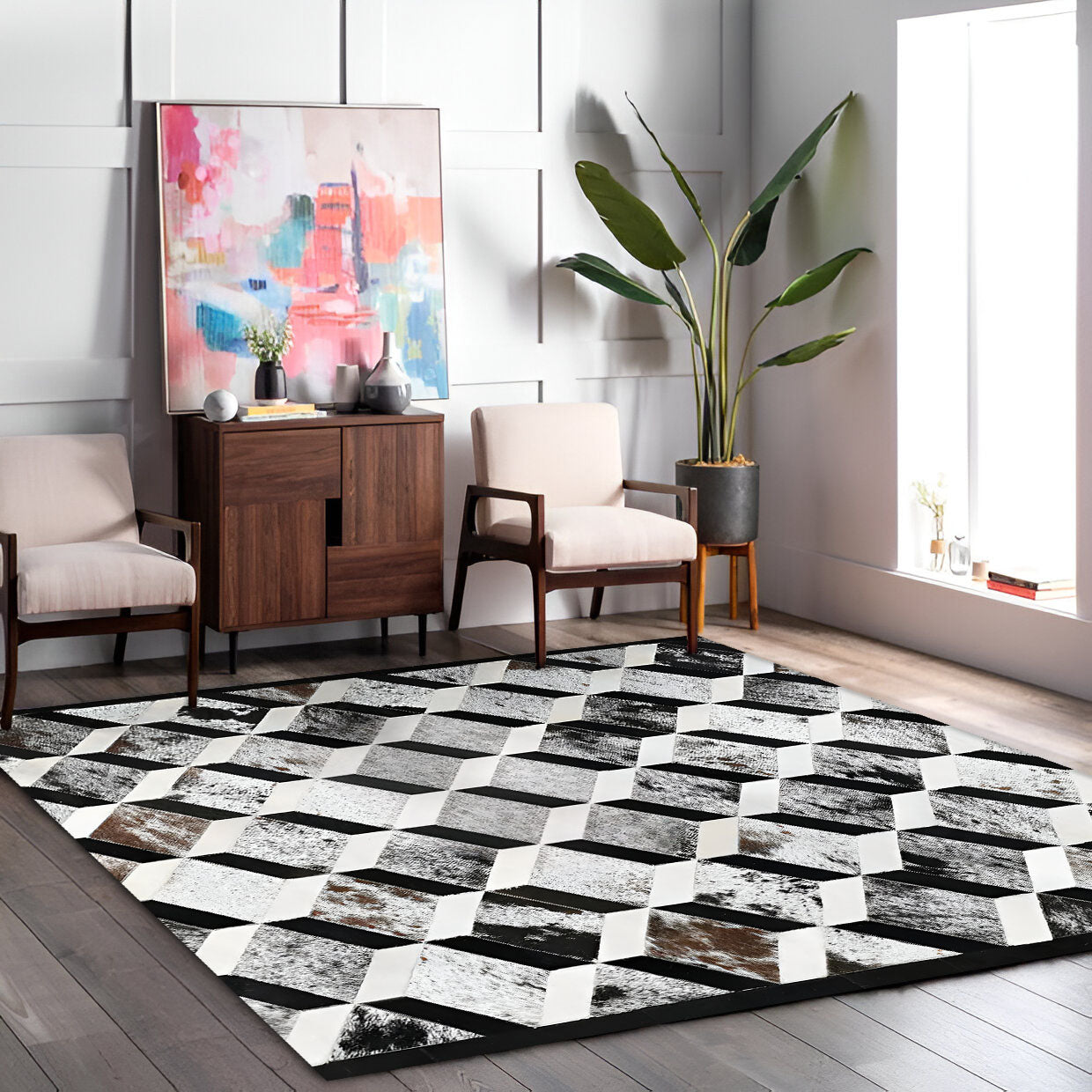 High Quality Geometric Pattern Natural Handmade Cowhide Area Rug