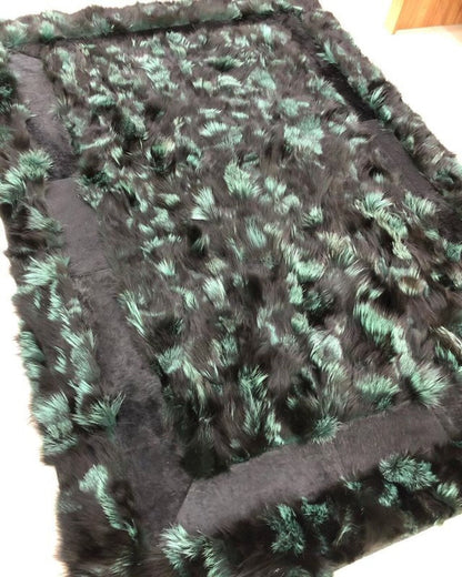 Home Decor Soft Green Black Handmade Genuine Fox Fur Living Room Rug