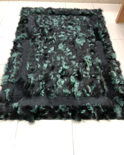 Home Decor Soft Green Black Handmade Genuine Fox Fur Living Room Rug