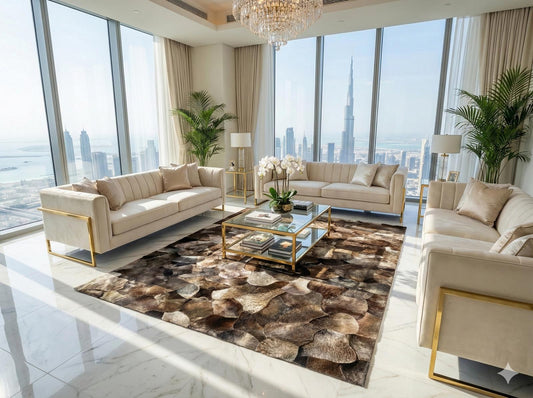 Natural brown lambakin fur rug in modern living room with beige sofas and city skyline view