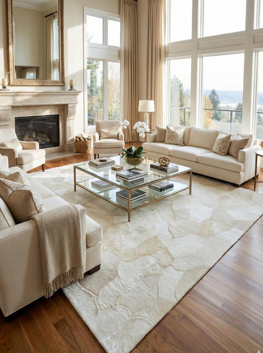 Bej Lambakin FurRug handmade natural lambskin shaggy sheepskin carpet in elegant living room