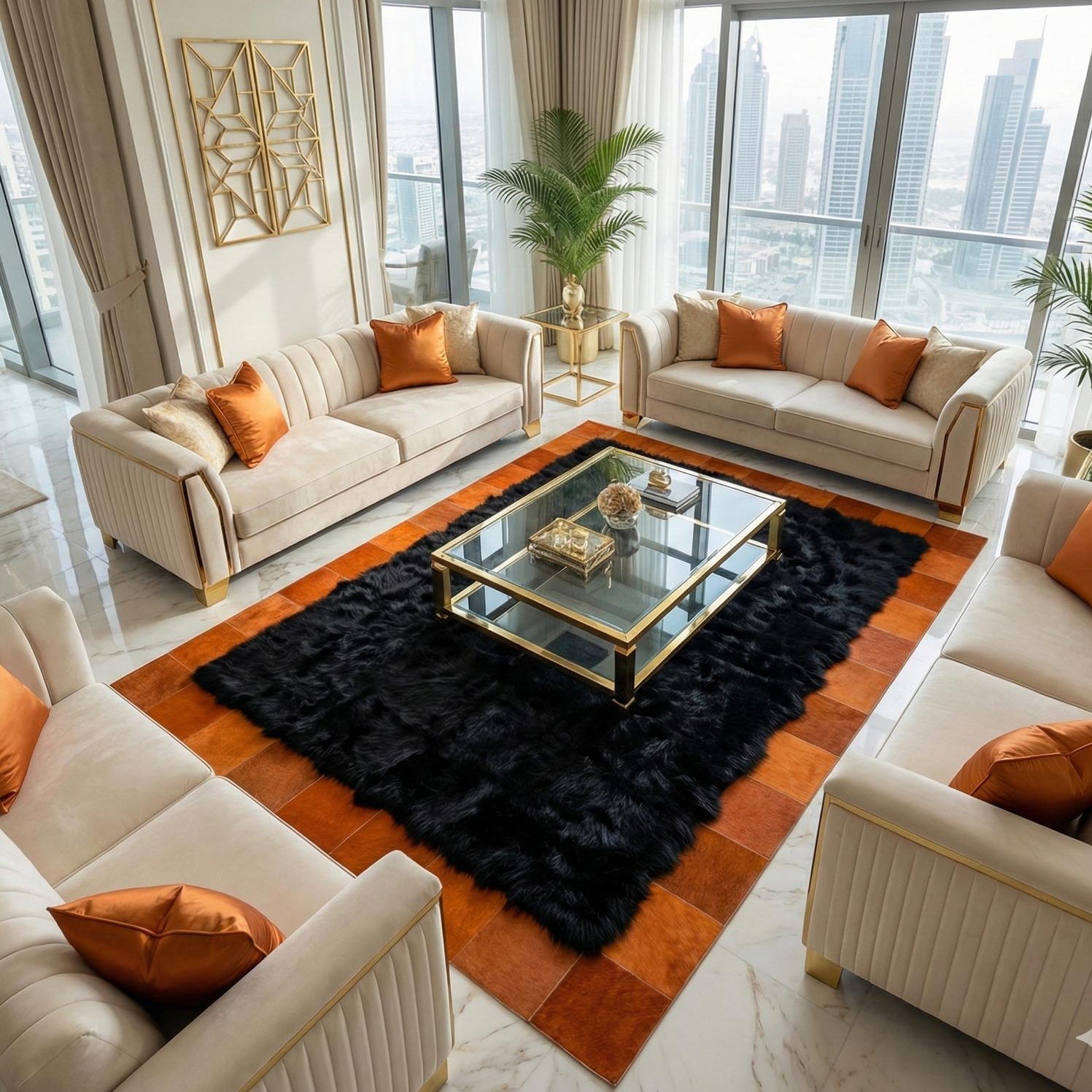 Black sheepskin rug with vibrant orange cowhide sides in modern living room setting