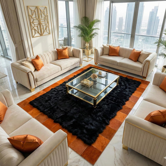 Black sheepskin rug with vibrant orange cowhide sides in modern living room setting