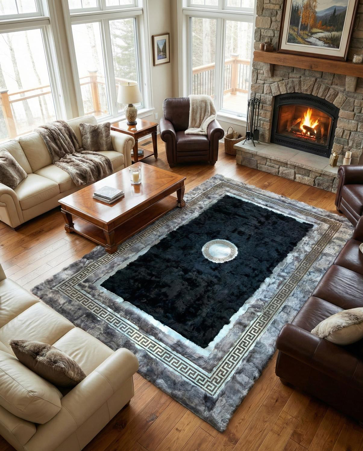 Handmade sheepskin gray black area rug in cozy living room with fireplace and leather furniture