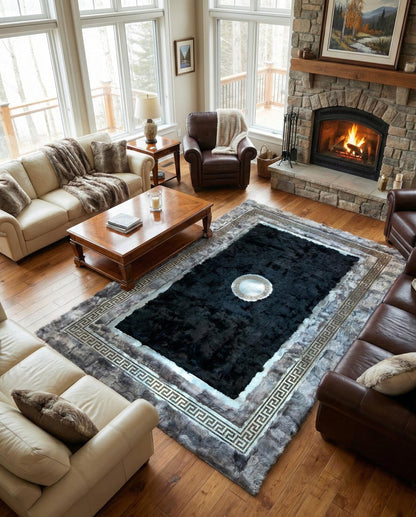 Handmade sheepskin gray black area rug in cozy living room with fireplace and leather furniture