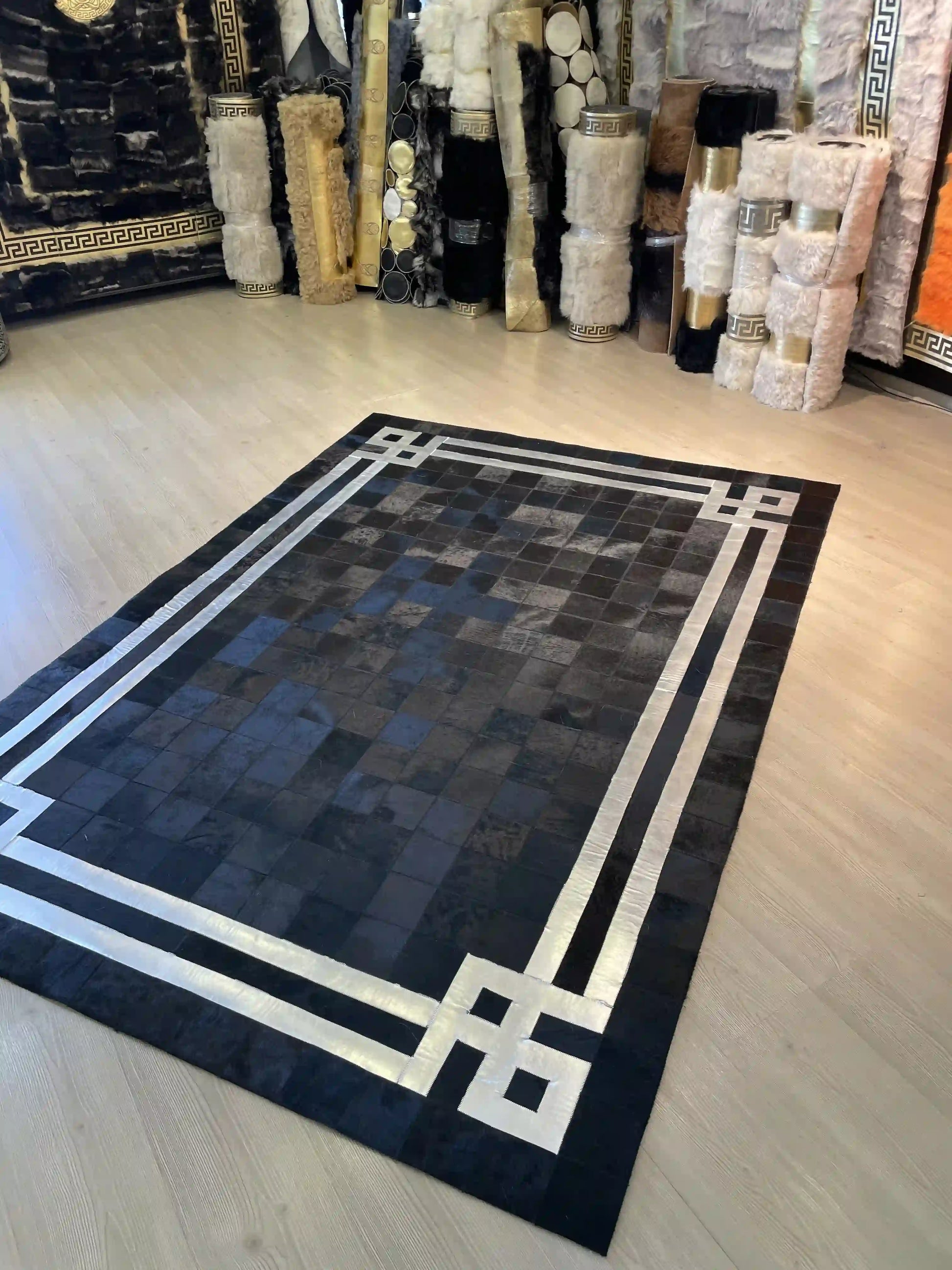 Luxury Cowhide Area 8x10 Rug, Shiny Black and Silver Natural Cowhide Patchwork Rug, Housewarming Gift