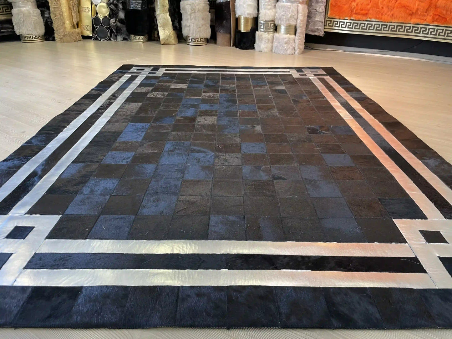 Luxury Cowhide Area 8x10 Rug, Shiny Black and Silver Natural Cowhide Patchwork Rug, Housewarming Gift