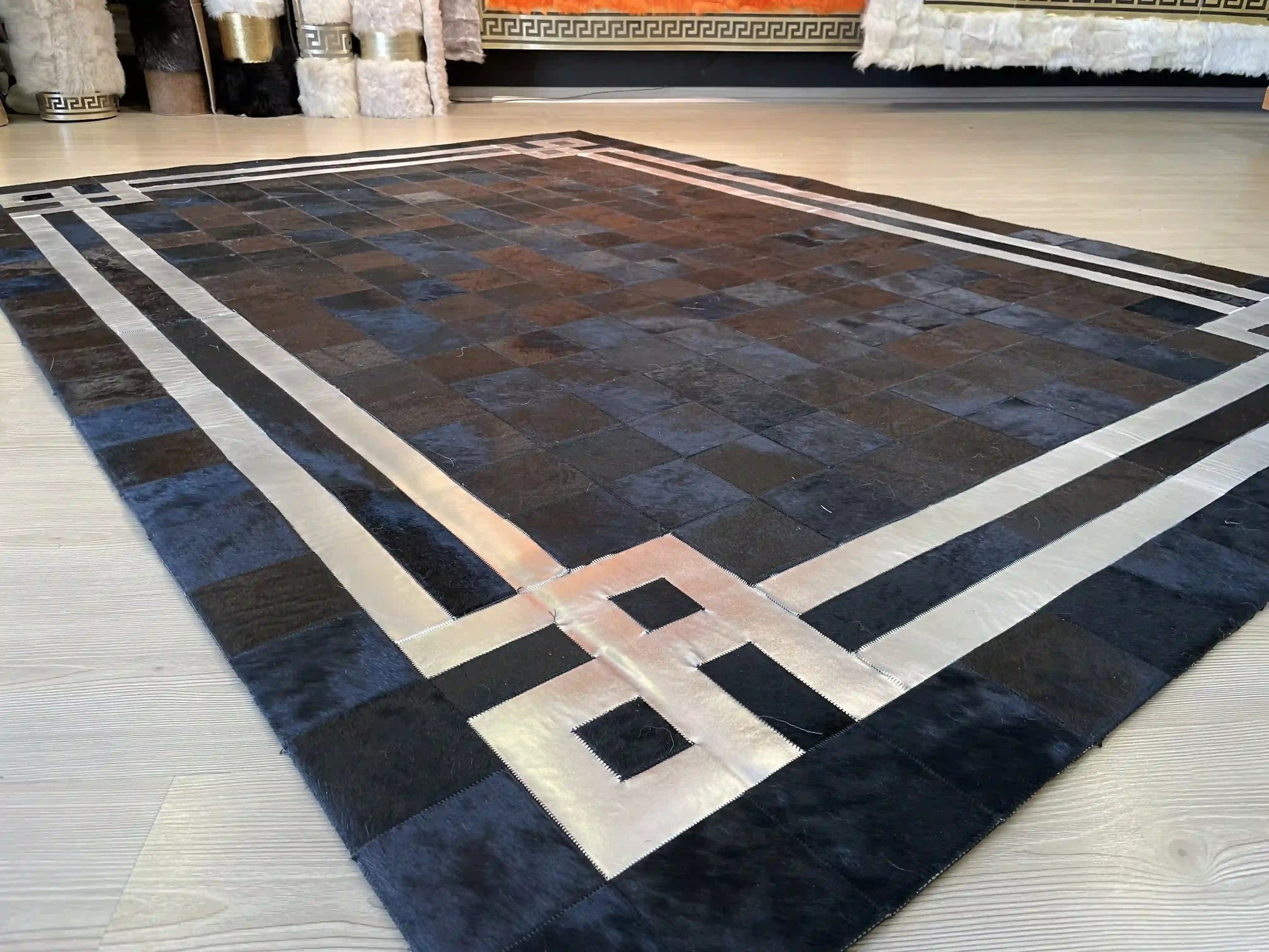 Luxury Cowhide Area 8x10 Rug, Shiny Black and Silver Natural Cowhide Patchwork Rug, Housewarming Gift