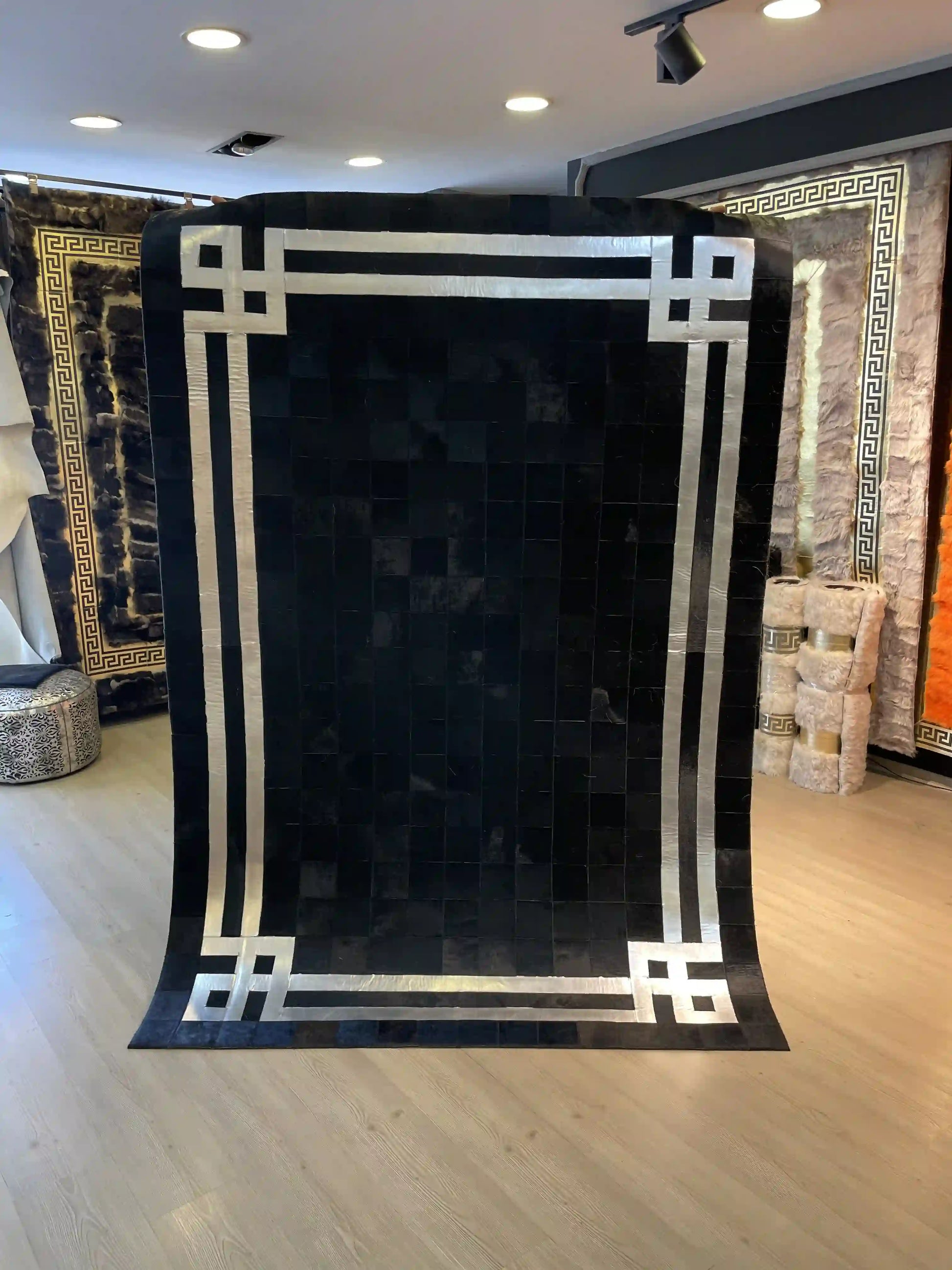 Luxury Cowhide Area 8x10 Rug, Shiny Black and Silver Natural Cowhide Patchwork Rug, Housewarming Gift