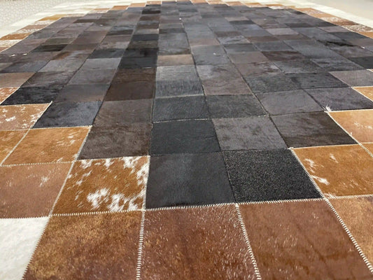 Elegant Brown and Cream Cowhide Rug, Handmade Natural Cowhide Patchwork Rug For Living Room, Perfect For Home Décor