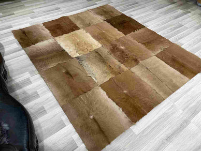 Natural Goatskin Patchwork Rug for Living Room, Handmade Elegance