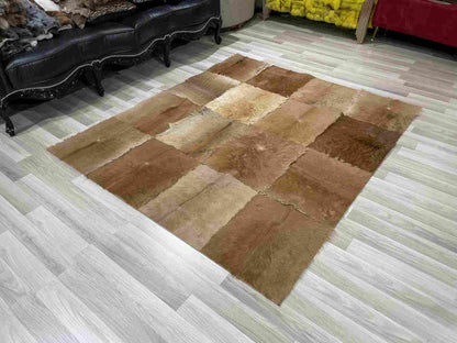 Natural Goatskin Patchwork Rug for Living Room, Handmade Elegance