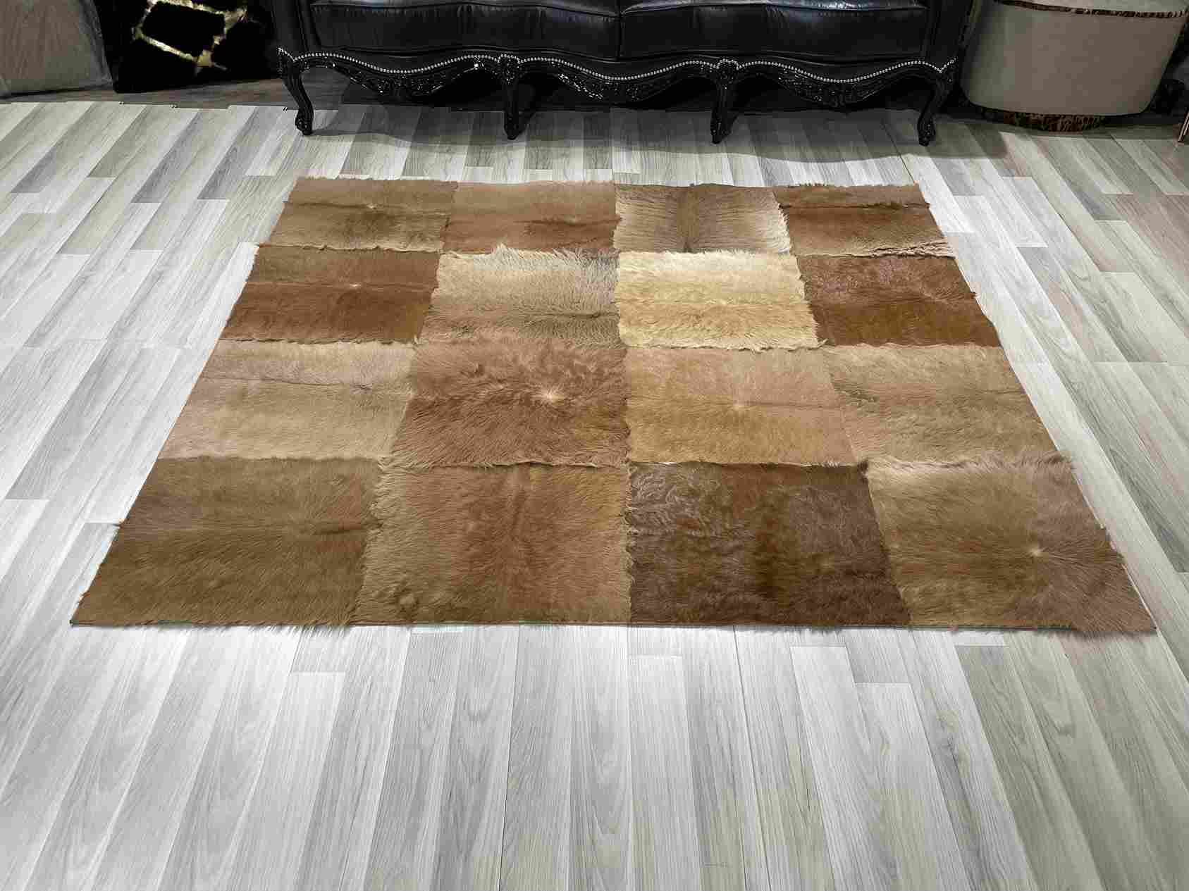 Natural Goatskin Patchwork Rug for Living Room, Handmade Elegance