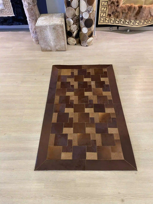 Brown Cowhide Patchwork Rug, Natural Handmade Hallway Runner Rug, Real Cow Skin Carpet for Living Room