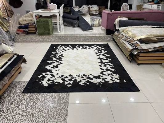 Black and White Living Room Carpet, Natural Handmade Cowhide Area Rug