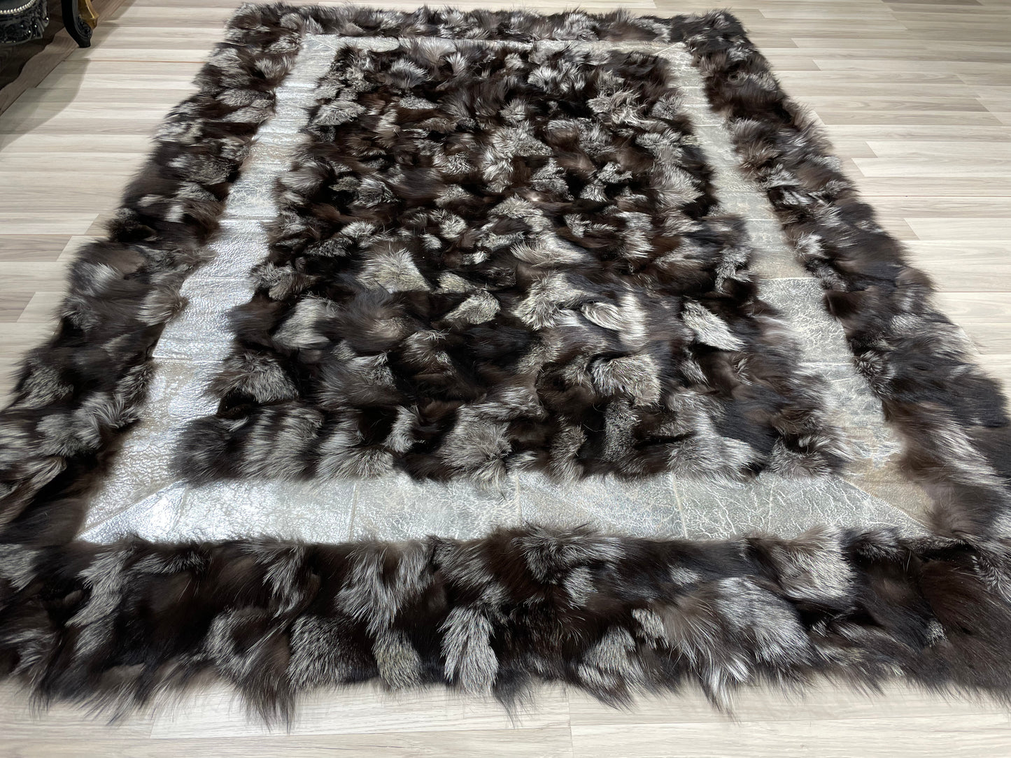 Luxury Handmade Black & Ivory Fox Fur Area Rug