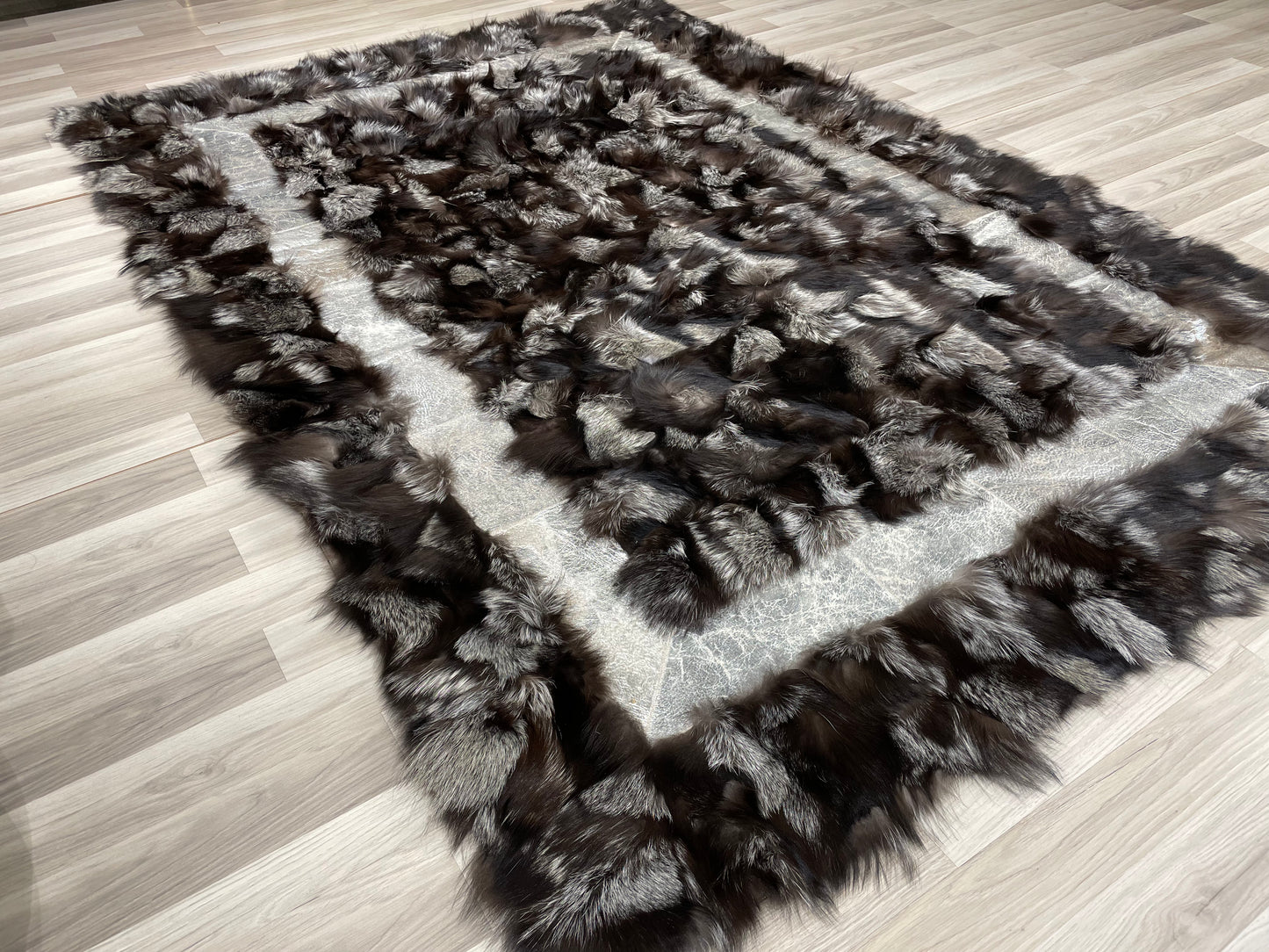 Luxury Handmade Black & Ivory Fox Fur Area Rug