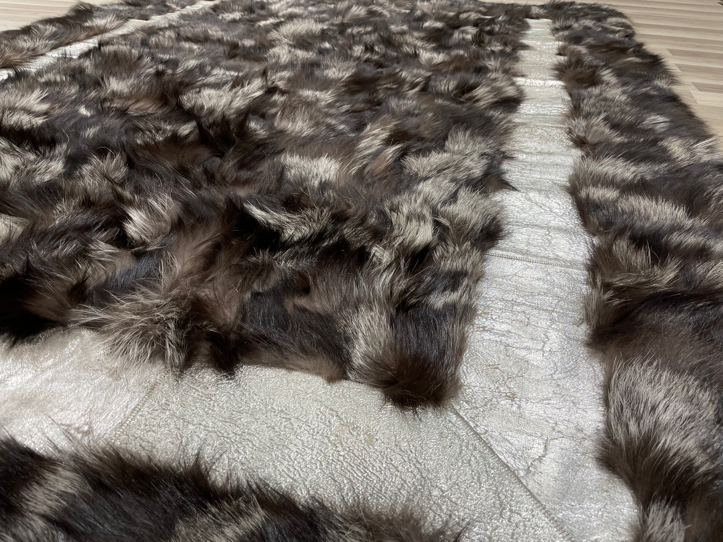 Luxury Handmade Black & Ivory Fox Fur Area Rug
