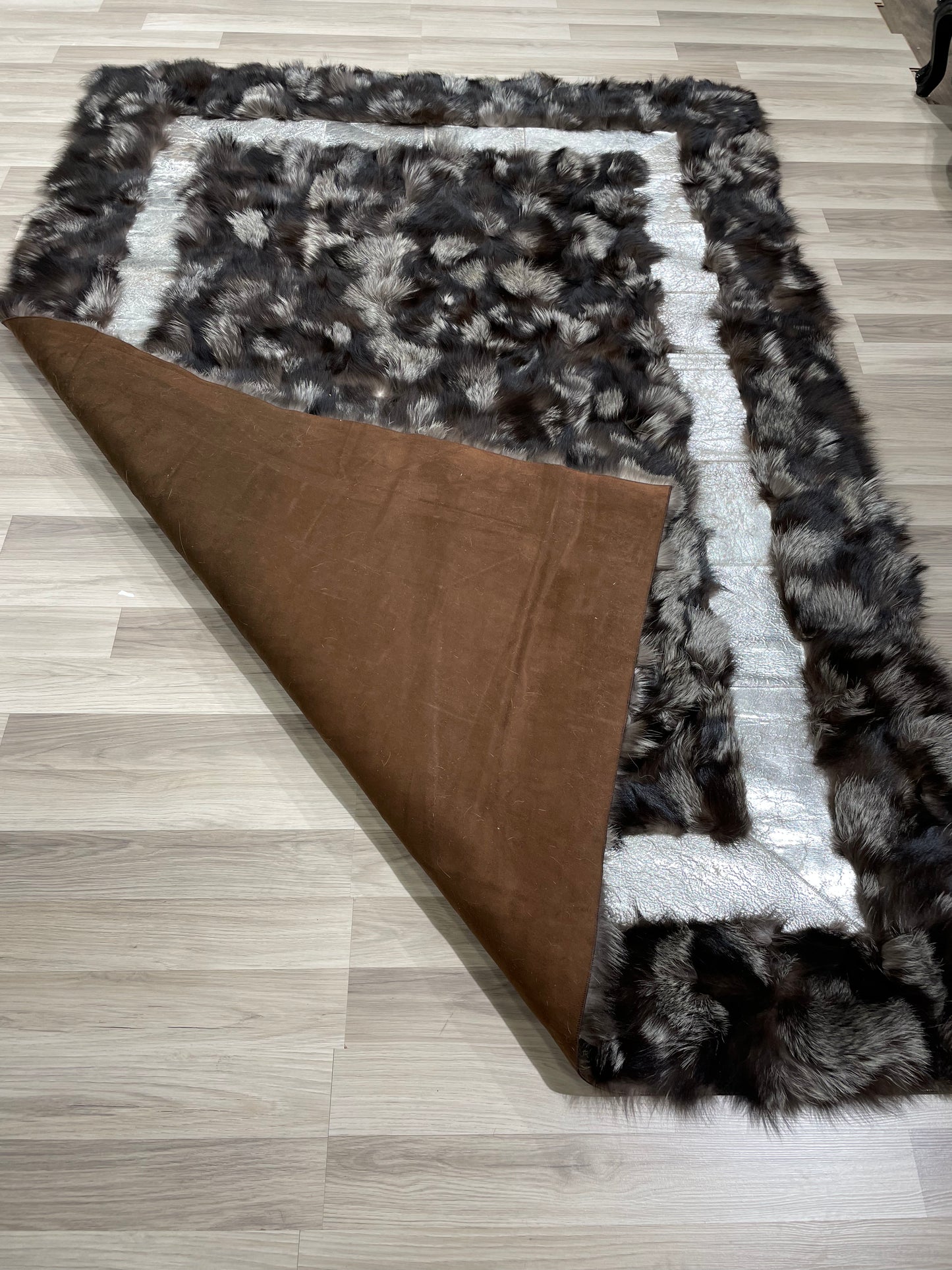 Luxury Handmade Black & Ivory Fox Fur Area Rug