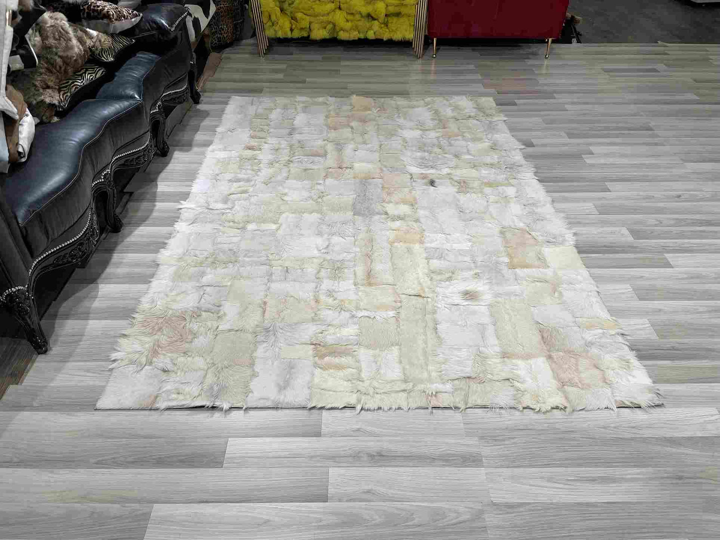 White Natural Goatskin Area Rug, 100% Genuine Leather Handmade Patchwork Rug