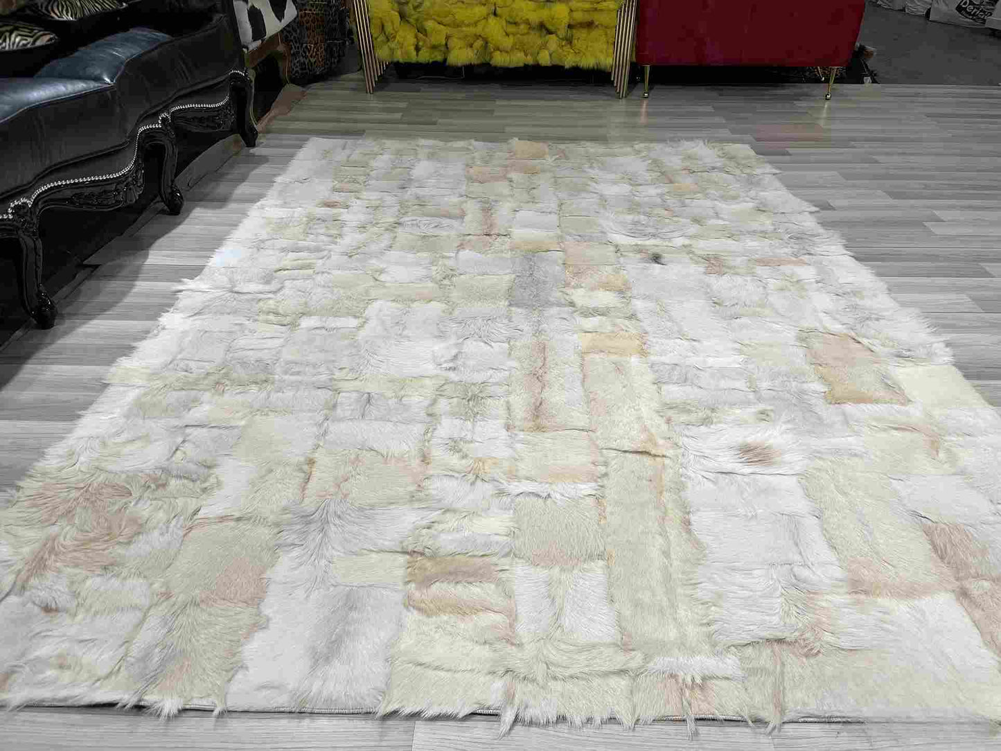 White Natural Goatskin Area Rug, 100% Genuine Leather Handmade Patchwork Rug