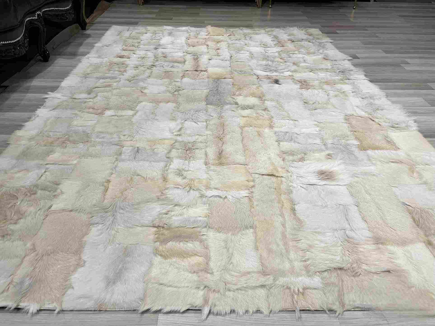 White Natural Goatskin Area Rug, 100% Genuine Leather Handmade Patchwork Rug