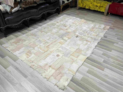 White Natural Goatskin Area Rug, 100% Genuine Leather Handmade Patchwork Rug