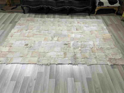 White Natural Goatskin Area Rug, 100% Genuine Leather Handmade Patchwork Rug