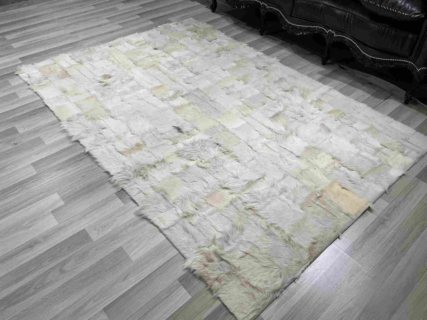 White Natural Goatskin Area Rug, 100% Genuine Leather Handmade Patchwork Rug