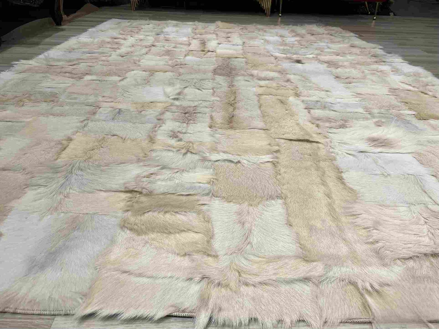 White Natural Goatskin Area Rug, 100% Genuine Leather Handmade Patchwork Rug