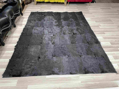 Black Natural Goatskin Patchwork Rug for Home Decor, Unique Handmade Elegance