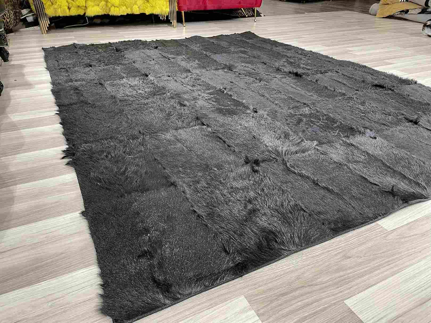 Black Natural Goatskin Patchwork Rug for Home Decor, Unique Handmade Elegance