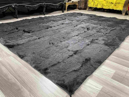 Black Natural Goatskin Patchwork Rug for Home Decor, Unique Handmade Elegance