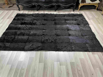 Black Natural Goatskin Patchwork Rug for Home Decor, Unique Handmade Elegance