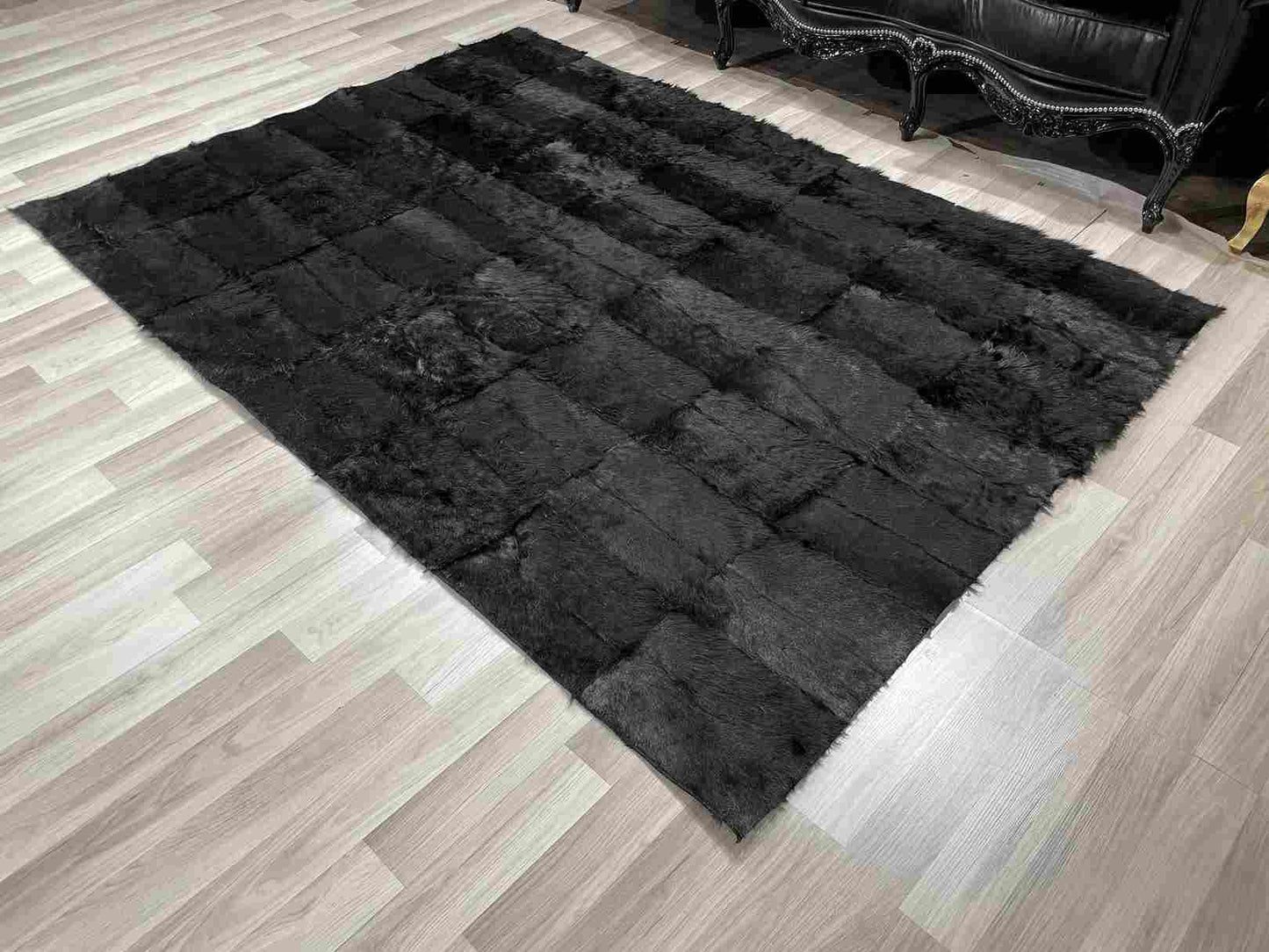 Black Natural Goatskin Patchwork Rug for Home Decor, Unique Handmade Elegance