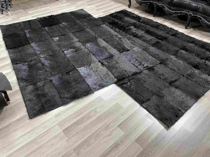 Black Natural Goatskin Patchwork Rug for Home Decor, Unique Handmade Elegance