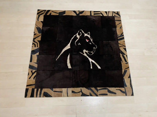 Black Panther Pattern Cowhide Area Rug, Brown Border Natural Cowhide Rug, Panther Rug, Cool Rug