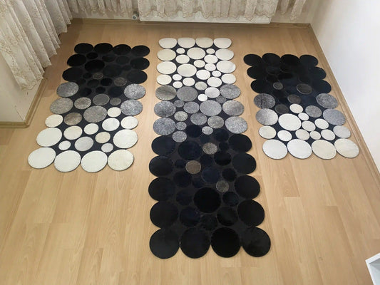 Black, Gray and White Patchwork Rug, Genuine Cowhide Runner Rug, Runner Rug for Hallway, Home Decoration Rug