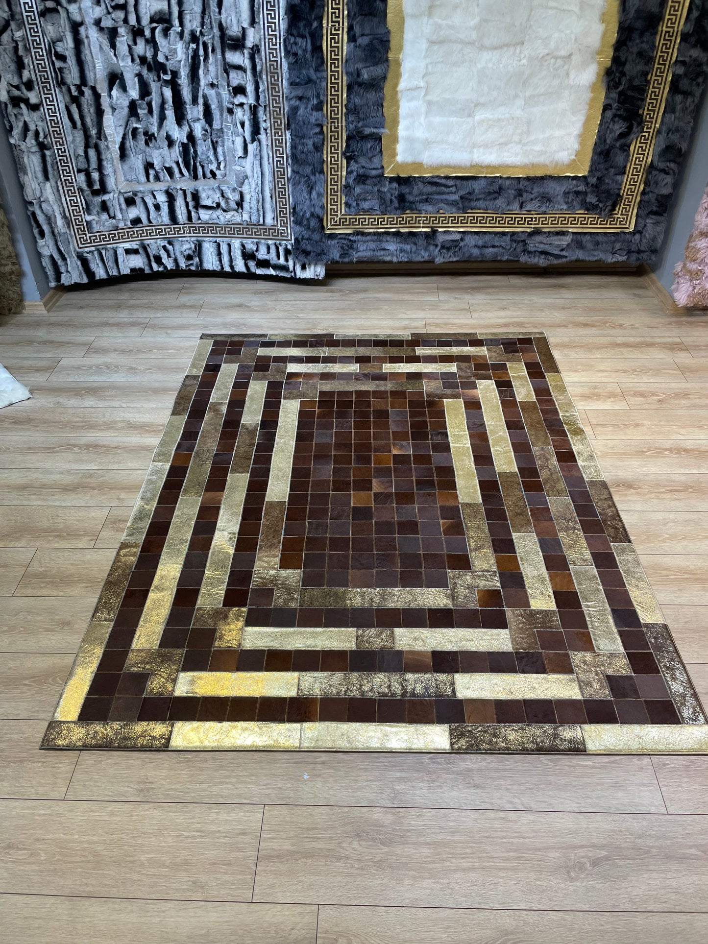 Brown and Gold Natural Cowhide Patchwork Rug, Handmade Large Area Rug