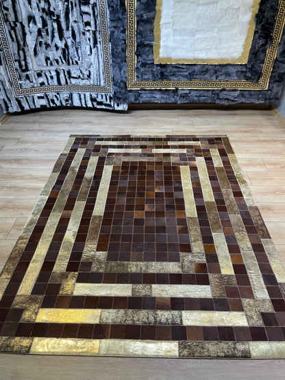 Brown and Gold Natural Cowhide Patchwork Rug, Handmade Large Area Rug