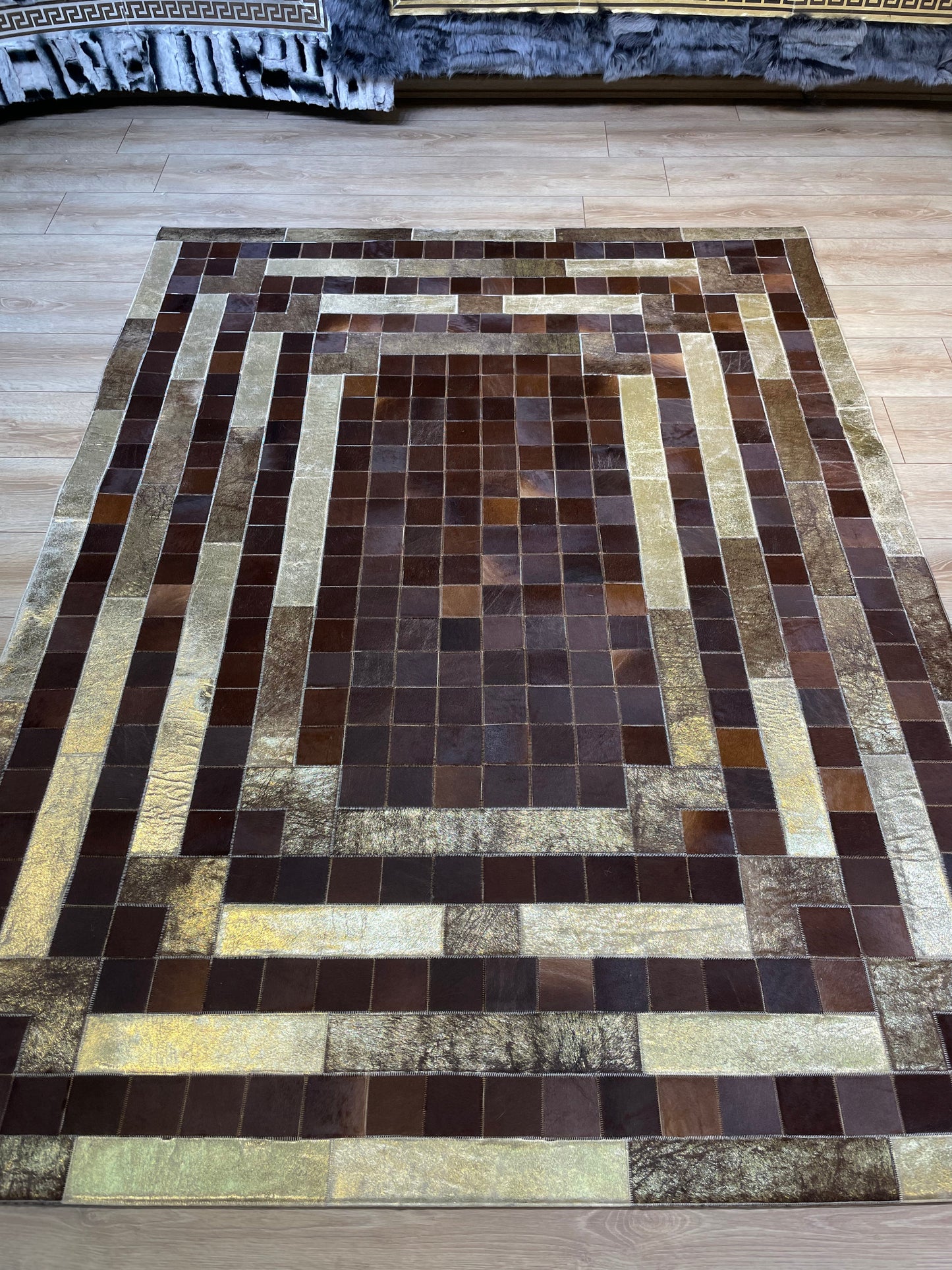 Brown and Gold Natural Cowhide Patchwork Rug, Handmade Large Area Rug